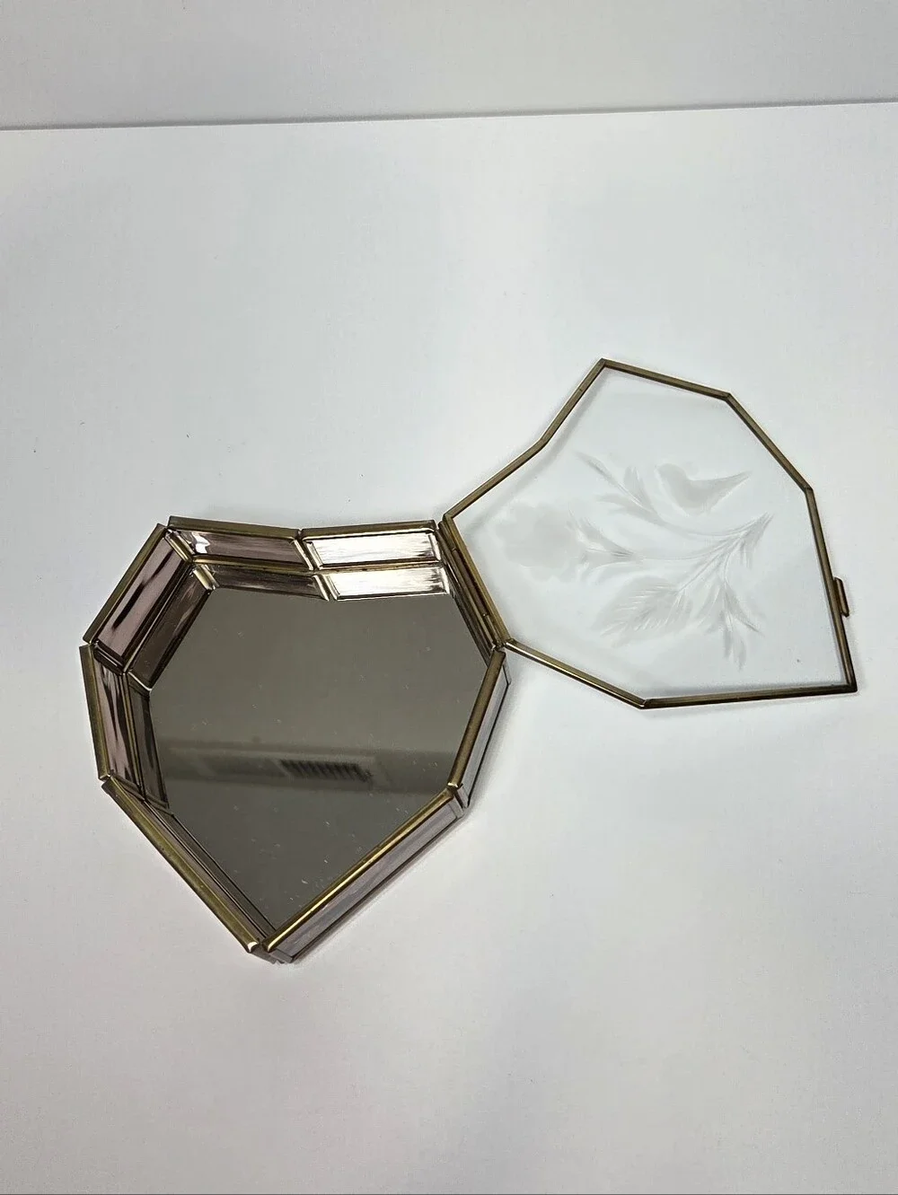 Glass Heart Jewelry Box with Etched Floral Design Y2K Coquette